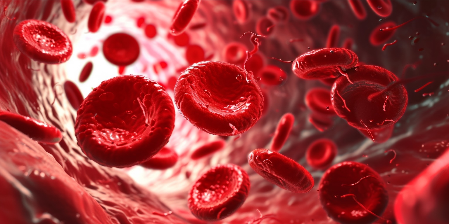 Human Red Blood Cells Flowing in Blood Vessels. Medical Health Care Concept.